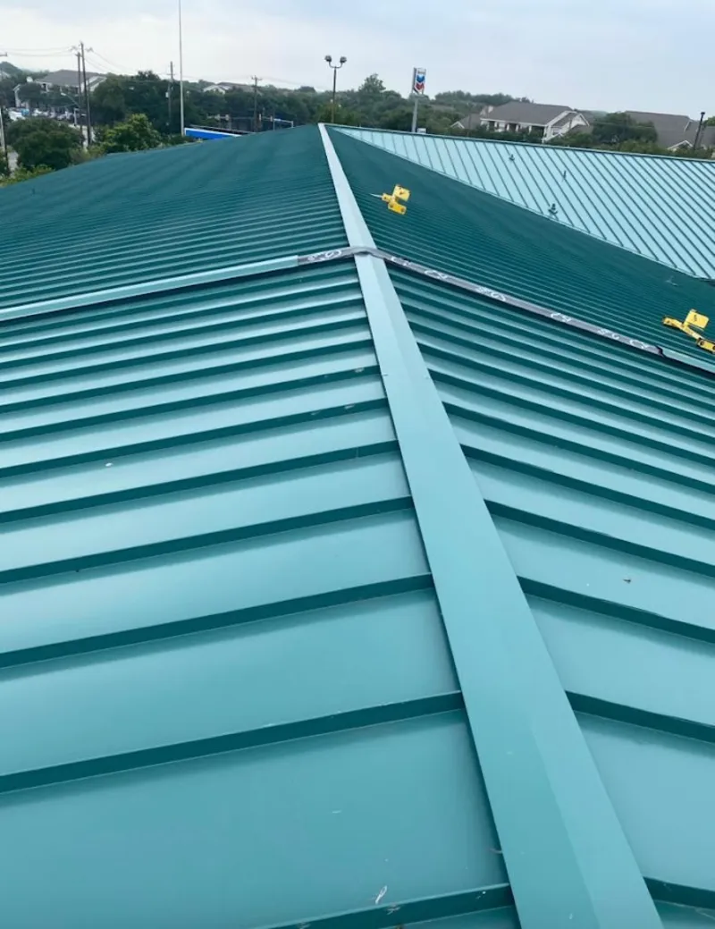 Green commercial metal roof ridge and valley for Metal Roof Repair in Mustang